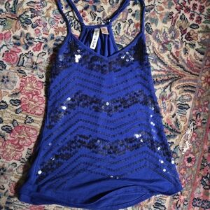 Royal Blue halter tank swing top with black sequins and adjustable straps.
